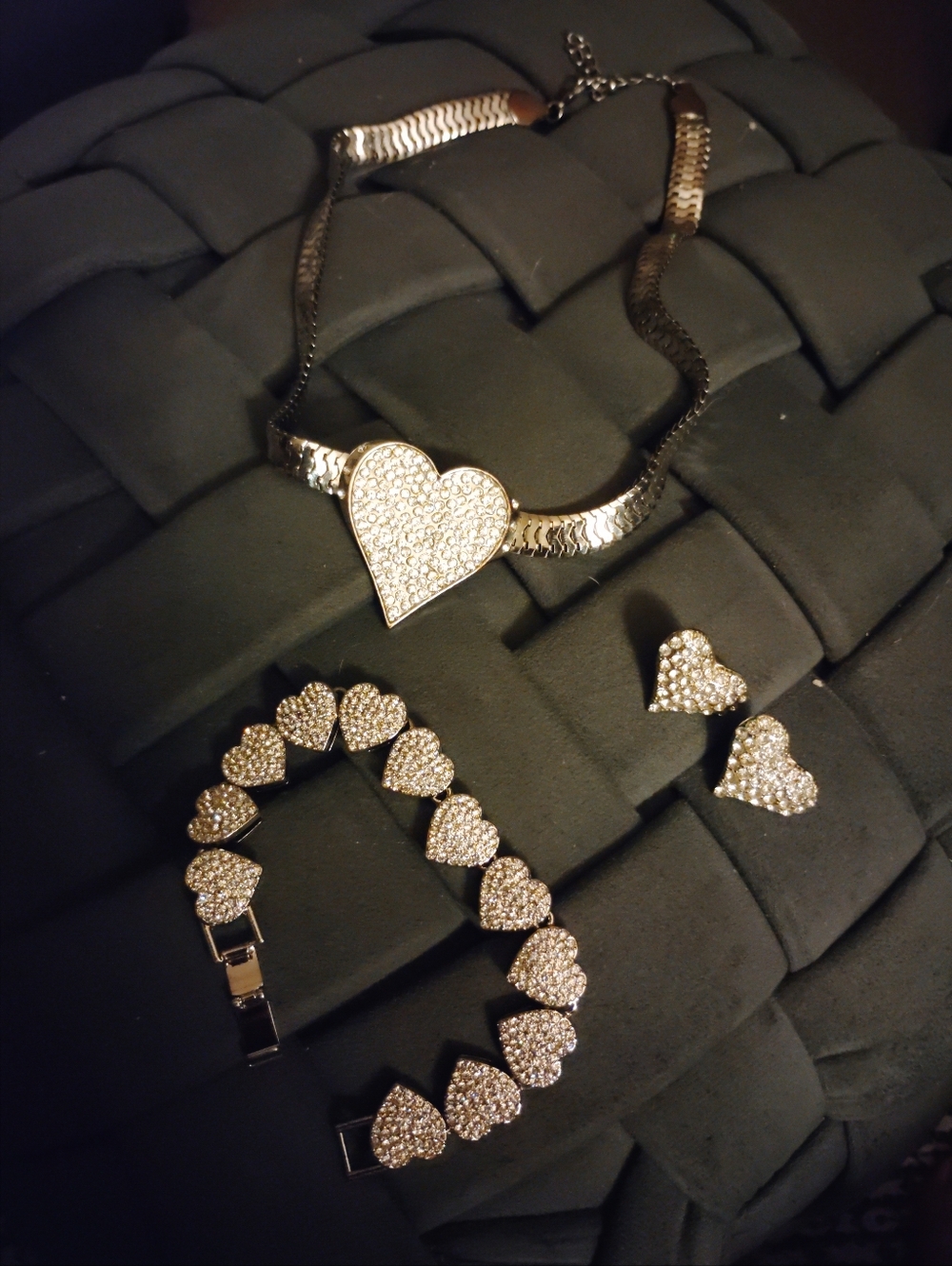 Silver -Tone  Heart Necklace, Bracelet & Earring Set -shiny Crystal Heart BLING